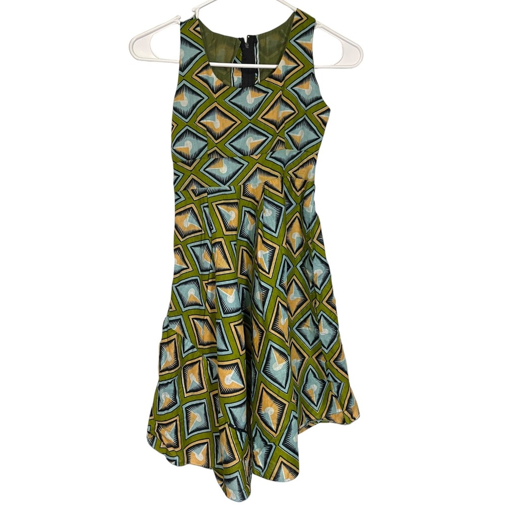 Handmade Girls 10 Green Geometric Fit and Flare Dress Sleeveless Mod Retro Indie
